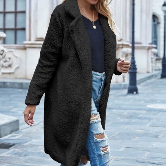 Soft fluffy teddy jacket faux fur trench pea coat - Picture 2 of 3